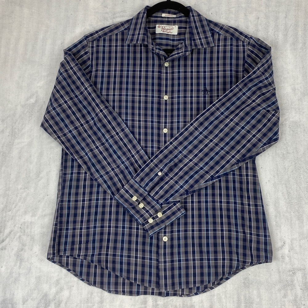 Original Penguin Navy and Gray Plaid Button-Down Shirt